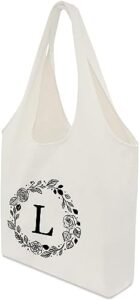 yieetam personalized initial canvas tote bag, reusable grocery bags with inner pocket, large canvas tote bag for women