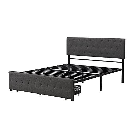 TARTOP Queen Size Upholstered Platform Bed with Storage Drawer, Metal Queen Bed Frame with Headboard，No Box Spring Required，Gray