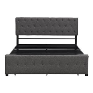 TARTOP Queen Size Upholstered Platform Bed with Storage Drawer, Metal Queen Bed Frame with Headboard，No Box Spring Required，Gray