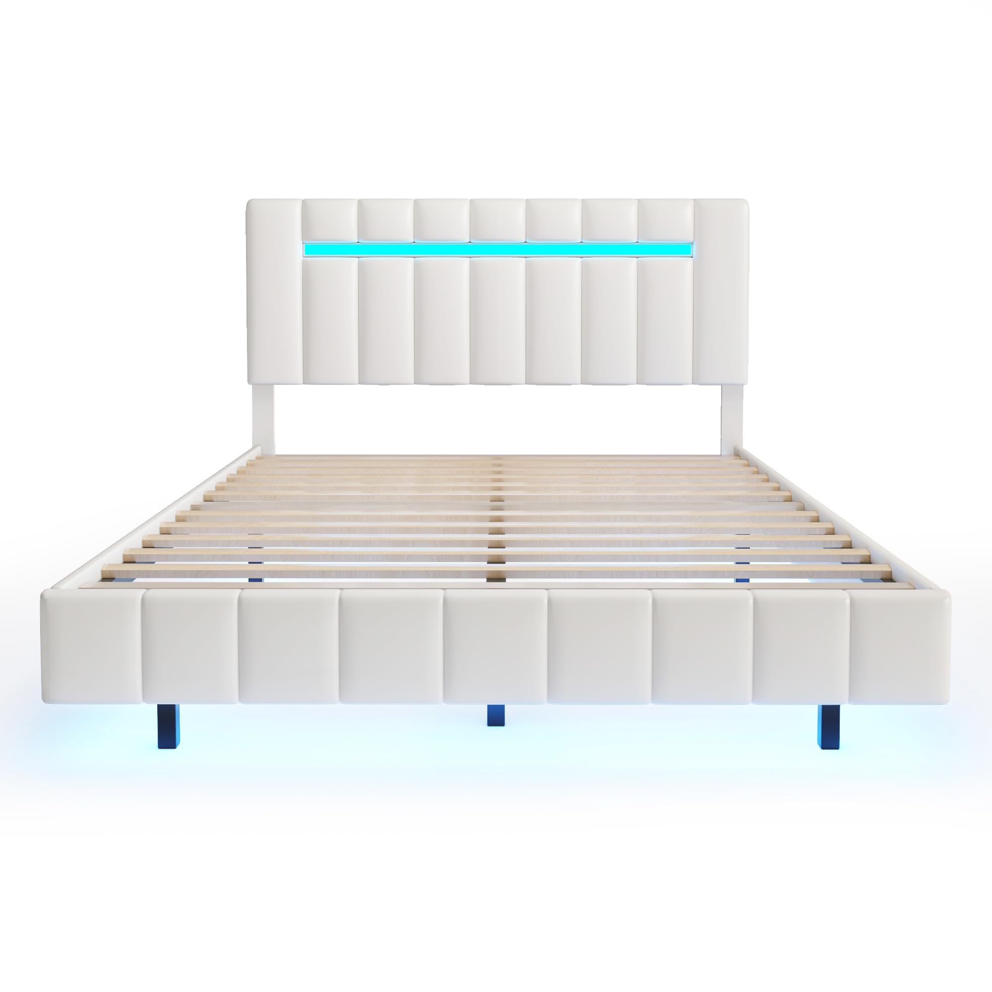 Harper & Bright Designs Queen Upholstered Bed with LED Lights and USB Charging, Floating Queen Bed Frame, Faux Leather Platform Bed with Wooden Slats Support for Kids Teens Adults (Queen Size, White)