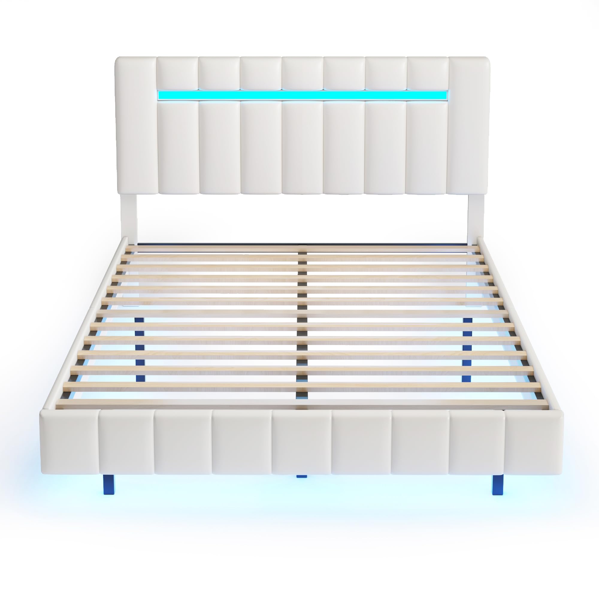 Harper & Bright Designs Queen Upholstered Bed with LED Lights and USB Charging, Floating Queen Bed Frame, Faux Leather Platform Bed with Wooden Slats Support for Kids Teens Adults (Queen Size, White)