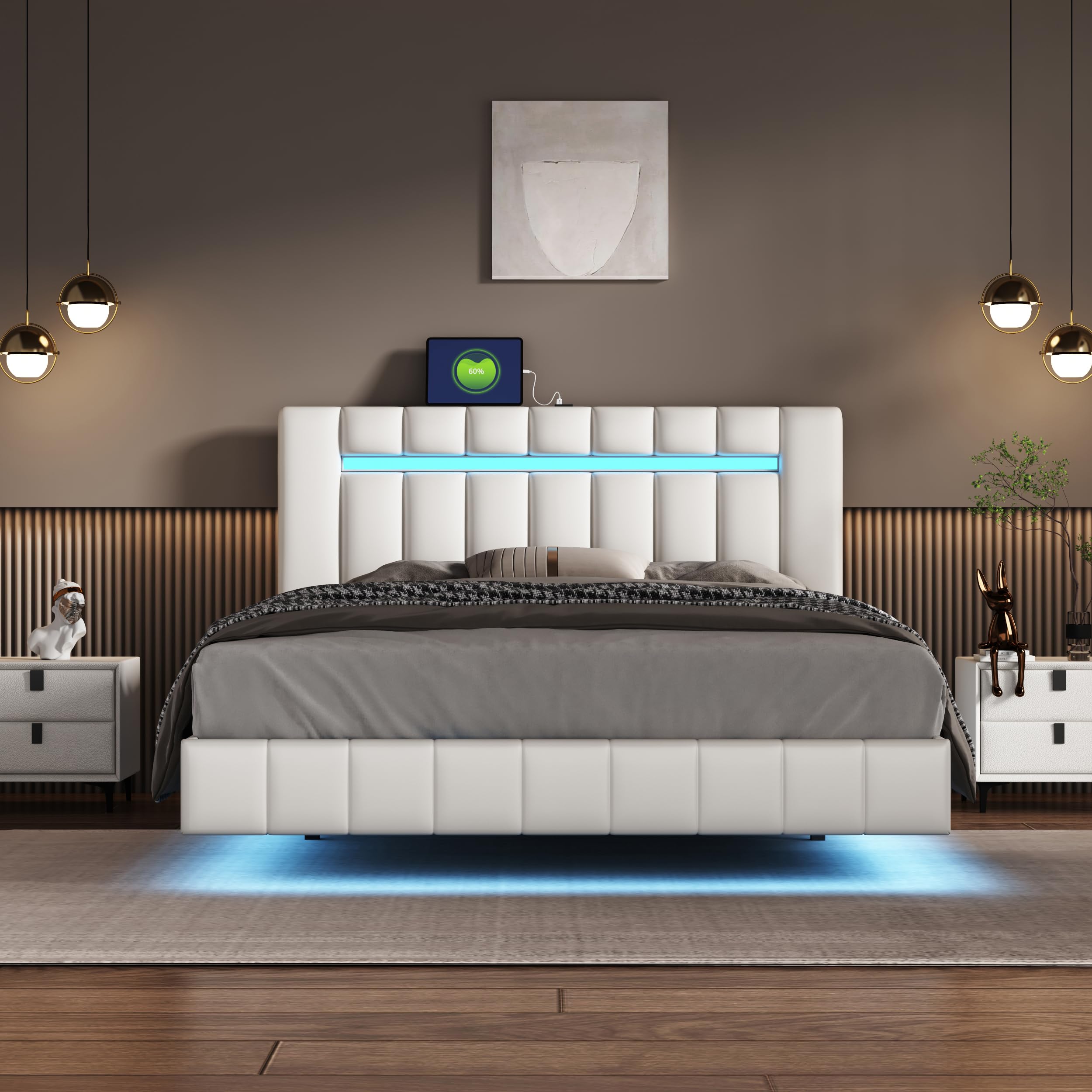 Harper & Bright Designs Queen Upholstered Bed with LED Lights and USB Charging, Floating Queen Bed Frame, Faux Leather Platform Bed with Wooden Slats Support for Kids Teens Adults (Queen Size, White)