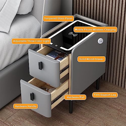BKEKM Nightstands Smart Nightstand Wireless Charging Station End Table 2 Wood Drawers USB Bedside Table 3 Colors Led Light Bedside Cabinet Well Made