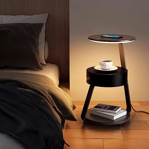 BKEKM Nightstands Smart Nightstand Wood End Table Wireless Charging Bedside Table 1 Drawers Bedside Dresse 3 Color Led Light Bedside Cabinet Well Made