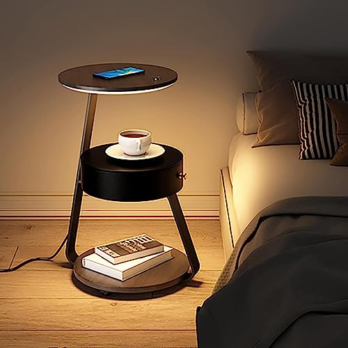 BKEKM Nightstands Smart Nightstand Wood End Table Wireless Charging Bedside Table 1 Drawers Bedside Dresse 3 Color Led Light Bedside Cabinet Well Made