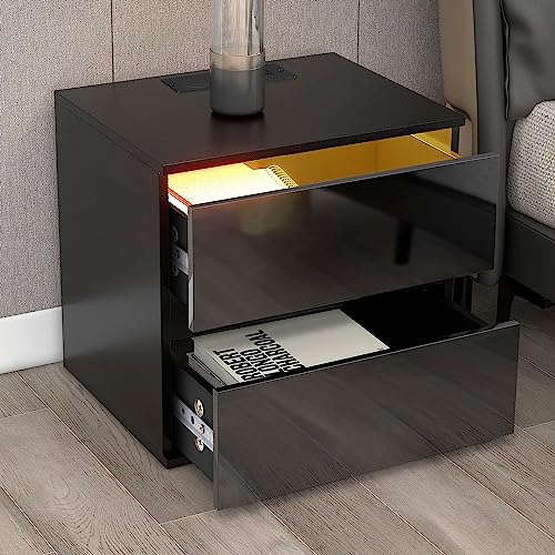 BKEKM Nightstands Bedside Tablewireless Charging Nightstand Remote Control Led Light-Dark End Table USB Charging 2 Drawers Bedside Cabinet Well Made