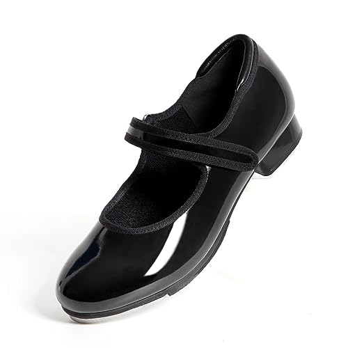 Easy Strap Tap Dance Shoes with PU Shiny Leather for Boys and Girls,US1.5-Little Kid Black