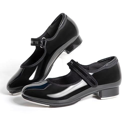 Easy Strap Tap Dance Shoes with PU Shiny Leather for Boys and Girls,US1.5-Little Kid Black