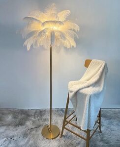 goyqgle floor lamp gold,62.9in ostrich feather floor lamp with foot switch / 6-light*g4,golden lamp body with plug in wire,bulb included,simple modern bedroom and living room