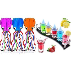 kite, 3 pack kites for kids easy to fly, kites for adults, giant octopus kite for beach outdoor games, shot glasses holder, 6 shot glass dispenser and holder, shot glass set with tray
