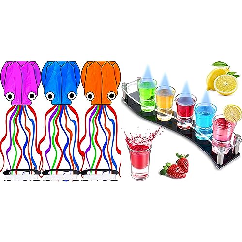 Kite, 3 Pack Kites for Kids Easy to Fly, Kites for Adults, Giant Octopus Kite for Beach Outdoor Games, Shot Glasses Holder, 6 Shot Glass Dispenser and Holder, Shot Glass Set with Tray