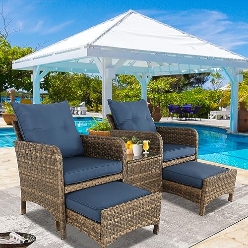 BPTD 5 Piece Patio Conversation Set Balcony Furniture PE Wicker Rattan Outdoor Lounge Chairs with Cushions and 2 Ottoman Glass Table for Porch, Lawn (Brown-Navy Blue)