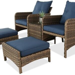 BPTD 5 Piece Patio Conversation Set Balcony Furniture PE Wicker Rattan Outdoor Lounge Chairs with Cushions and 2 Ottoman Glass Table for Porch, Lawn (Brown-Navy Blue)