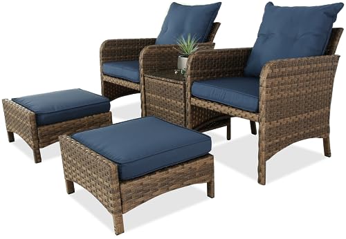 BPTD 5 Piece Patio Conversation Set Balcony Furniture PE Wicker Rattan Outdoor Lounge Chairs with Cushions and 2 Ottoman Glass Table for Porch, Lawn (Brown-Navy Blue)