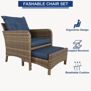 BPTD 5 Piece Patio Conversation Set Balcony Furniture PE Wicker Rattan Outdoor Lounge Chairs with Cushions and 2 Ottoman Glass Table for Porch, Lawn (Brown-Navy Blue)