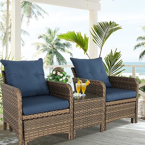 BPTD 5 Piece Patio Conversation Set Balcony Furniture PE Wicker Rattan Outdoor Lounge Chairs with Cushions and 2 Ottoman Glass Table for Porch, Lawn (Brown-Navy Blue)