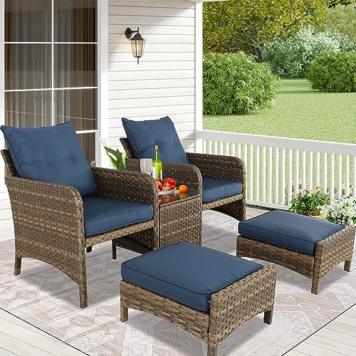 BPTD 5 Piece Patio Conversation Set Balcony Furniture PE Wicker Rattan Outdoor Lounge Chairs with Cushions and 2 Ottoman Glass Table for Porch, Lawn (Brown-Navy Blue)