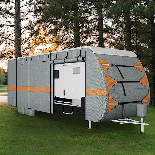 YITAHOME 27-30FT Travel Trailer Cover RV Cover Camper Cover Super Thick Waterproof Windproof Anti-UV Rip-Stop Motorhome Covers with 2 Long Straps 4 Tire Covers Tongue Jack Cover