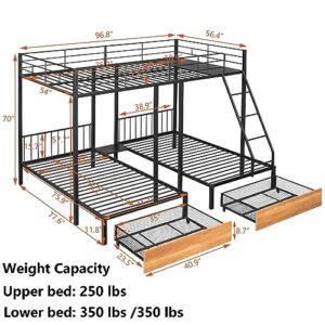 Metal Triple Bunk Bed Full Over Twin & Twin, Full Over Twin & Twin Bunk Bed with Storage Drawers, 3 Bunk Beds/Convertible Into 3 Beds, Metal Triple Bunk Beds for Kids,Teens, Girls(Black)