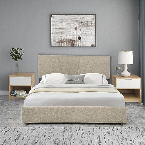 Prohon Queen Size Bed Frame with Hydraulic Storage System & Linen Headboard, Upholstered Platform Bed, Flexible Pull Release, Strong Wooden Support Bedframes for Kids, Teen & Adults, Light Beige