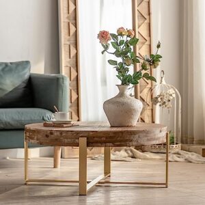 31.29" Modern Retro Splicing Round Coffee Table,Fir Wood Table Top with Gold Cross Legs Base