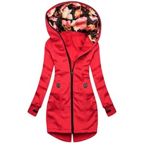 Women Sweatshirt Pullover Hoodies Fashion Sweatshirt Women Long Zipper Print Sleeve Jacket Coat Floral Pocket Women's Coat Zip up Hoodies for Women Red