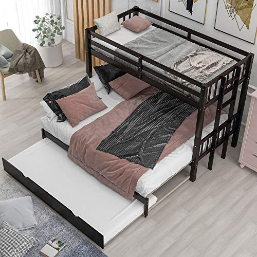 DEYOBED Twin Over Twin/King Pull-Out Bunk Bed with Trundle - Includes Safety Rail and Ladder, Ideal for Kids, Teens, and Guests in Bedroom