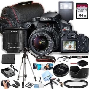 canon rebel t100 / eos 4000d dslr camera w/ef-s 18-55mm f/3.5-5.6 zoom lens + 64gb memory, case, tripod, flash, and more (31pc bundle) (renewed)