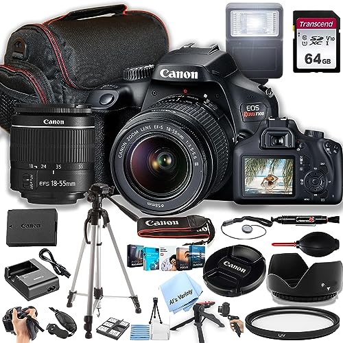 Canon Rebel T100 / EOS 4000D DSLR Camera w/EF-S 18-55mm F/3.5-5.6 Zoom Lens + 64GB Memory, Case, Tripod, Flash, and More (31pc Bundle) (Renewed)