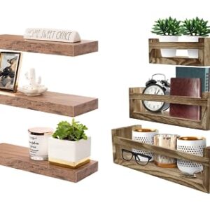 Sorbus Floating Shelves Bundle - 6 Rectangular Floating Shelves - 3 Support Bar Shelves & 3 Flat Floating Shelves - Hanging Wall Shelves for Home Decor