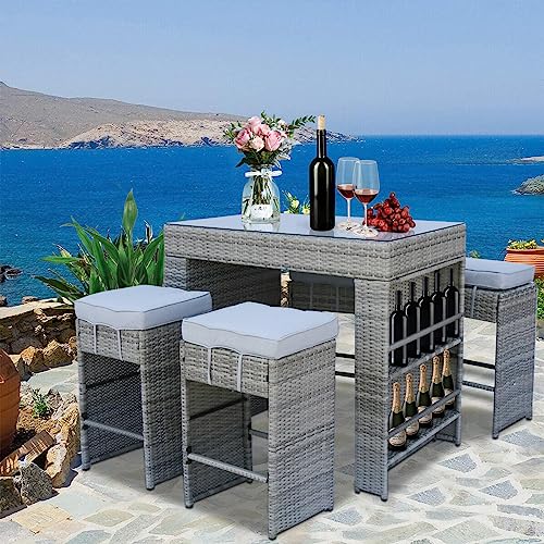 5 Pieces Outdoor Bar Set, Outside Patio Wicker Furniture Set with 4 Cushions Stools and 4 Tier Storage Shelf, Rattan Bar Height Table and Chairs for Garden, Porches, Backyard, Indoor, Pool Deck (Gray)