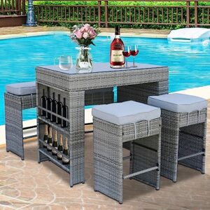 5 pieces outdoor bar set, outside patio wicker furniture set with 4 cushions stools and 4 tier storage shelf, rattan bar height table and chairs for garden, porches, backyard, indoor, pool deck (gray)