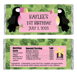 toucan personalized candy wrappers for chocolate, tropical birthday party favors, pack of 20 custom hershey bar labels