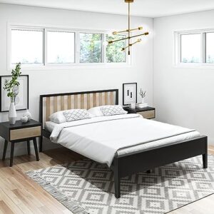 plank+beam modern solid wood queen bed frame with slatted headboard, scandinavian platform bed with wood slat support, easy to assemble, black/blonde