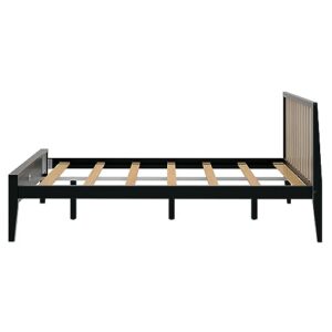 Plank+Beam Modern Solid Wood Queen Bed Frame with Slatted Headboard, Scandinavian Platform Bed with Wood Slat Support, Easy to Assemble, Black/Blonde