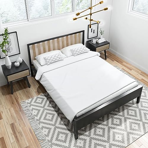 Plank+Beam Modern Solid Wood Queen Bed Frame with Slatted Headboard, Scandinavian Platform Bed with Wood Slat Support, Easy to Assemble, Black/Blonde