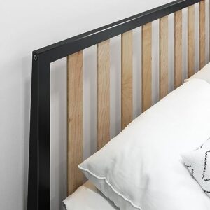 Plank+Beam Modern Solid Wood Queen Bed Frame with Slatted Headboard, Scandinavian Platform Bed with Wood Slat Support, Easy to Assemble, Black/Blonde