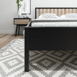 Plank+Beam Modern Solid Wood Queen Bed Frame with Slatted Headboard, Scandinavian Platform Bed with Wood Slat Support, Easy to Assemble, Black/Blonde