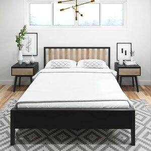 Plank+Beam Modern Solid Wood Queen Bed Frame with Slatted Headboard, Scandinavian Platform Bed with Wood Slat Support, Easy to Assemble, Black/Blonde