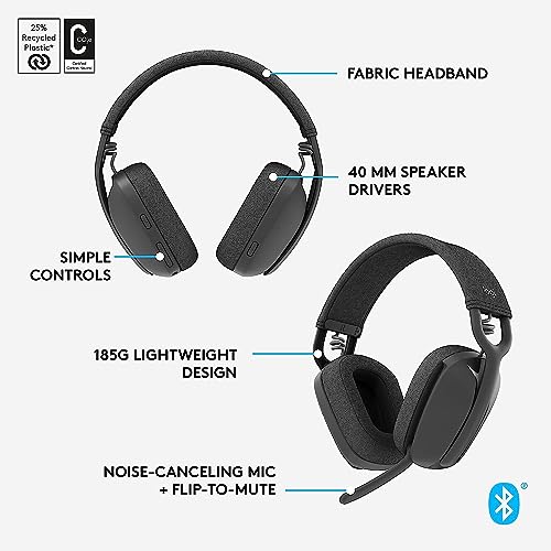 Logitech Zone Vibe 100 Lightweight Wireless Over Ear Headphones with Noise Canceling Microphone, Works with Teams, Mac/PC - Graphite (Renewed)