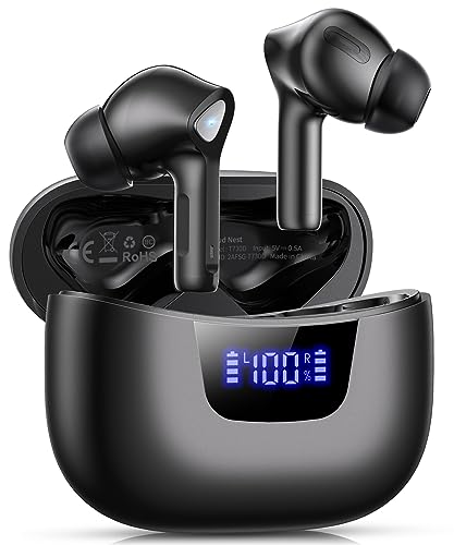 Wireless Earbuds Bluetooth V5.3 Headphones 50H Playback Deep Bass Stereo Ear Buds with LED Power Display Charging Case IPX7 Waterproof Earphones with Mic Headset for Laptop Pad Android/iOS Phones