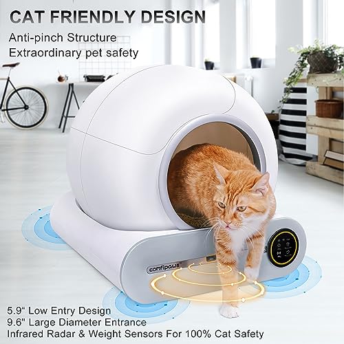 Comfipaws Automatic Cat Litter Box Self Cleaning Robot Cat Litter Box for Multiple Cats, Auto Clean Cat Litter Box with APP Control & Ionic Deodorizer, 65L+9L Smart Cat Toilet with Mat, Liner, Brush