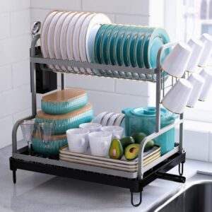 kitsure dish drying rack - multipurpose 2-tier dish rack, dish drainers for kitchen counter, large-capacity dish dryer, kitchen drying rack for dishes w/cutlery holder 4064gy