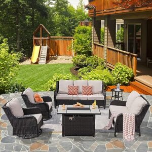 xizzi outdoor wicker furniture patio set 6 pieces backyard furniture brown rattan conversation sets with 50,000 btu propane fire pit table,swivel chairs,rattan sofa,loveseat and side table,beige