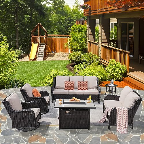 XIZZI Outdoor Wicker Furniture Patio Set 6 Pieces Backyard Furniture Brown Rattan Conversation Sets with 50,000 BTU Propane Fire Pit Table,Swivel Chairs,Rattan Sofa,Loveseat and Side Table,Beige