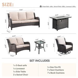 XIZZI Outdoor Wicker Furniture Patio Set 6 Pieces Backyard Furniture Brown Rattan Conversation Sets with 50,000 BTU Propane Fire Pit Table,Swivel Chairs,Rattan Sofa,Loveseat and Side Table,Beige