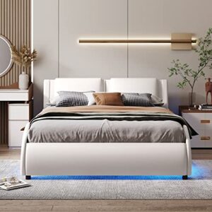 BIADNBZ Full Size Wavy Platform Bed with Adjustable LED Light, Modern Upholstered Faux Leather Bedframe for Kids, Wooden Slats Support, No Box Spring Needed, White