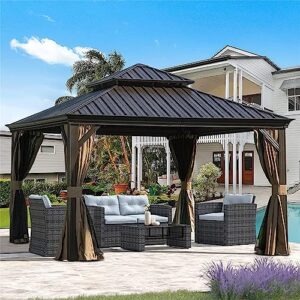 ritsu 12'x12' gazebo, outdoor aluminum frame canopy with hardtop galvanized steel double roof, outdoor permanent metal pavilion with bugs netting, privacy curtains for patio, backyard and lawn, brown