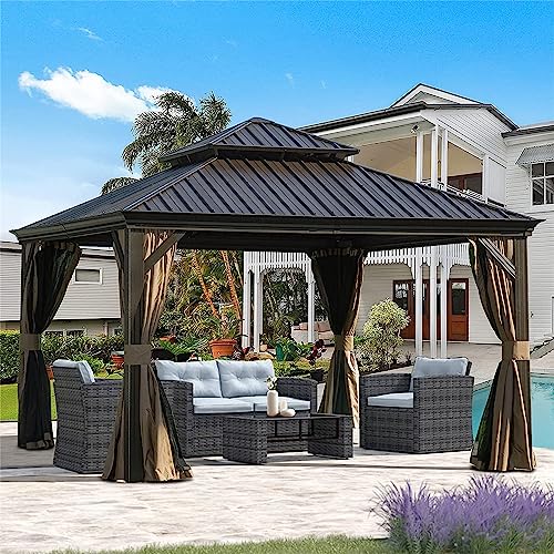 RITSU 12'x12' Gazebo, Outdoor Aluminum Frame Canopy with Hardtop Galvanized Steel Double Roof, Outdoor Permanent Metal Pavilion with Bugs Netting, Privacy Curtains for Patio, Backyard and Lawn, Brown