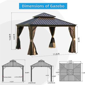 RITSU 12'x12' Gazebo, Outdoor Aluminum Frame Canopy with Hardtop Galvanized Steel Double Roof, Outdoor Permanent Metal Pavilion with Bugs Netting, Privacy Curtains for Patio, Backyard and Lawn, Brown